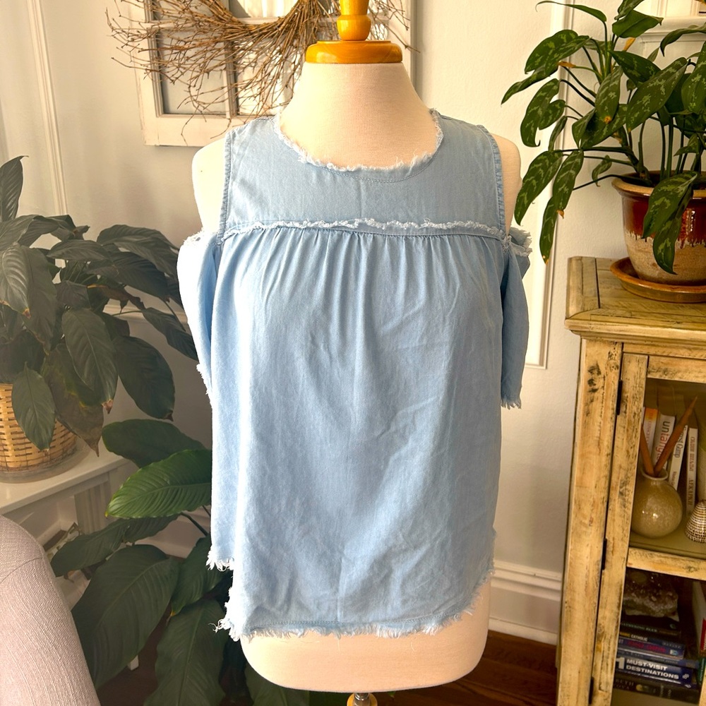 Gorgeous Style Envy Cold Shoulder Light Denim Top - Size S